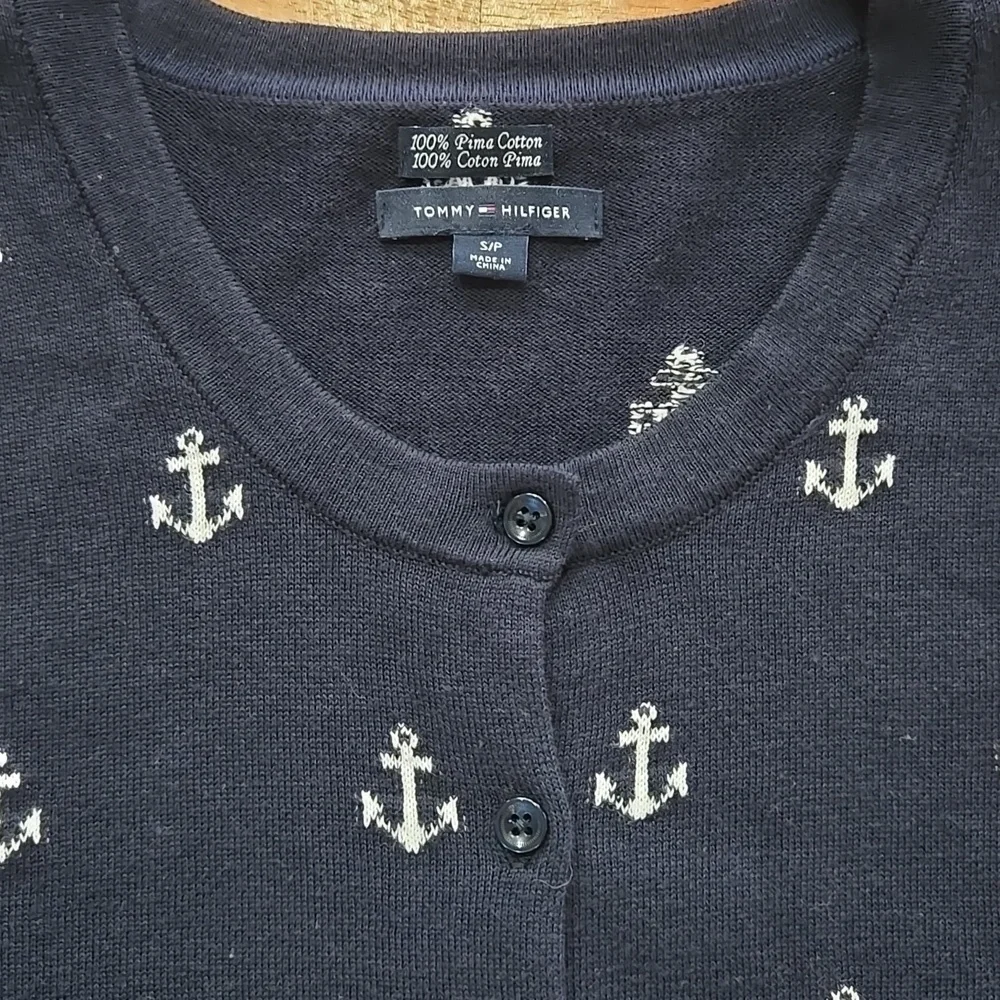 Tommy Hilfiger 100% Pima Cotton Navy Blue And White Anchor Cardigan Size Small